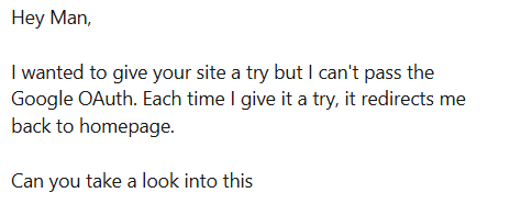 User feedback message reporting Google OAuth redirect error